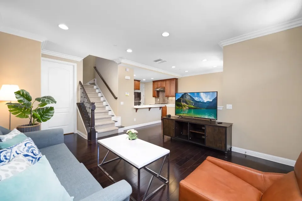 Living room presentation prepared for a lease-ready listing