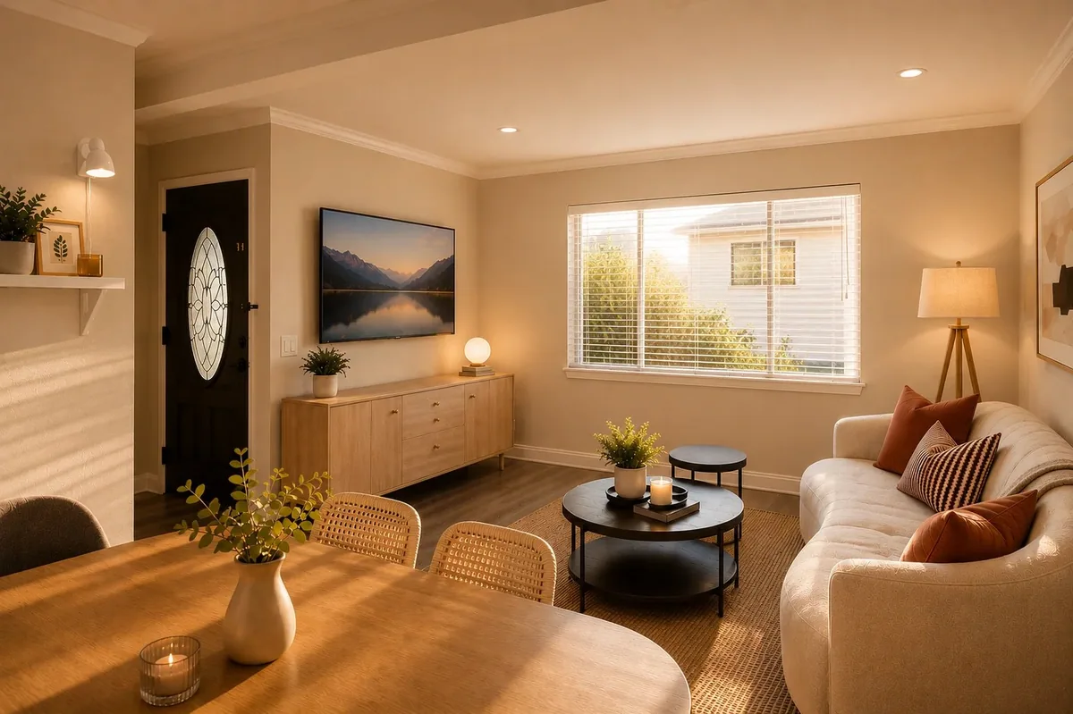 Warm furnished living and dining room with evening light